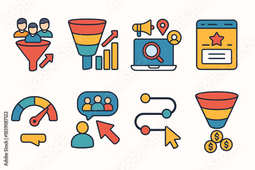 Sales funnel and marketing outline icon set. Analysis, optimization, strategy icons.