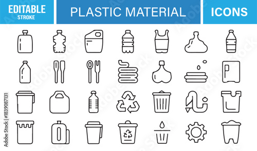 Vector Line Icon Set Representing Plastic Bottles, Bags, Pollution Indicators, Disposal Methods, Eco Recycling, and Sustainable Practices