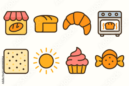 Bakery and pastry icon set. Sweet treats and baking goods in flat style.