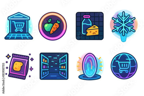 Grocery and shopping 3d icon set. Fresh food and retail icons collection