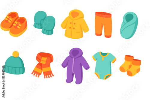 Baby clothing flat icon set. Infant wear, baby garments, flat style design collection.