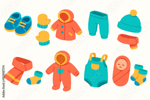 Baby clothing flat icon set. Cute, colorful baby wear and accessory icons collection.