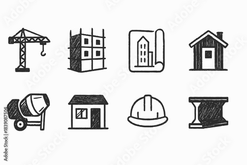 Construction and building sketch icon set. Home, office, industrial outline collection