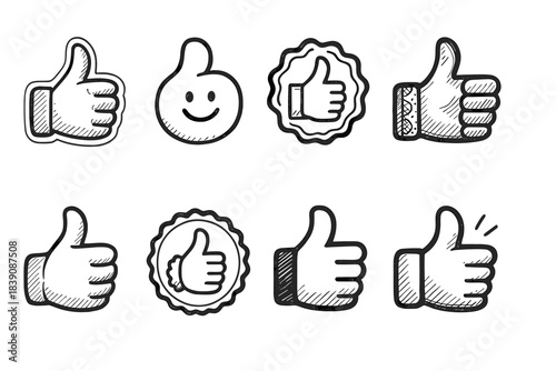 Hand gestures icon set. Thumbs up, approval in sketch style vector collection.
