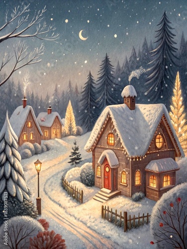 Cozy winter  Christmas village scene with snow-covered houses, glowing windows, pine trees, and falling snow under a crescent moon. 