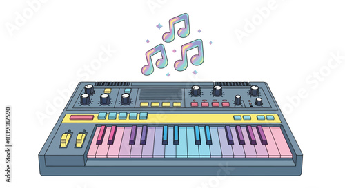 Colorful synthesizer keyboard with musical notes floating above creative music concept.