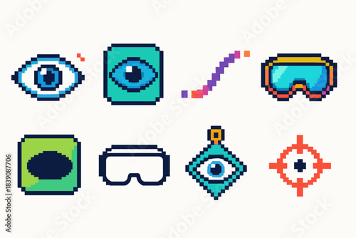 Eye protection icon set: pixel art style goggles, masks, and symbols collection