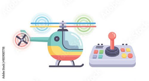 Colorful toy helicopter and remote control ready for fun and play.