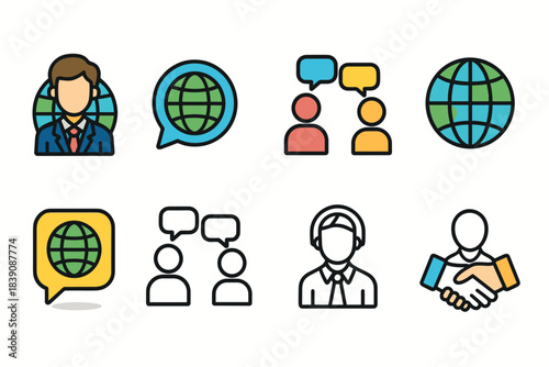 Communication, networking flat icon set. Global interaction, online meeting icons collection
