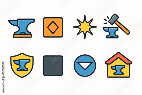 Blacksmith tools outline icon set. Forging, smithing equipment, workshop icons collection