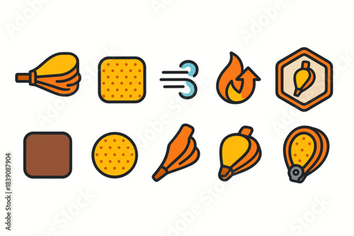 Camping, outdoors flat icon set. Campfire, backpacking, hiking essentials icons collection