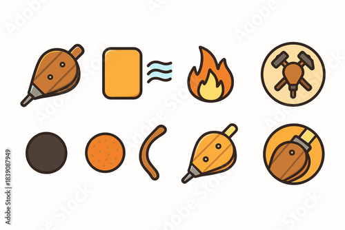 Blacksmithing and forge flat icon set. Tools, fire, metallurgy, crafting icons collection