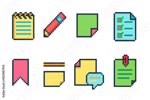 Office supplies pixel icon set. Stationery, office tools pixel art collection