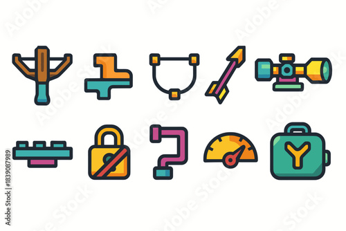 Flat gaming icon set. Video game, controls, gadget, adventure icons collection