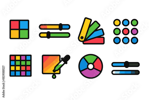 Color palette flat icon set. Art, design, creativity tools flat collection