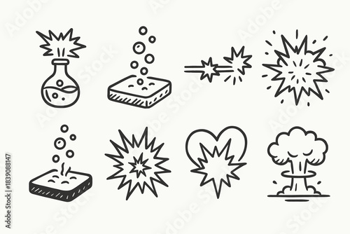 Explosion, chemistry line icon set. Science, reaction symbols in outline style