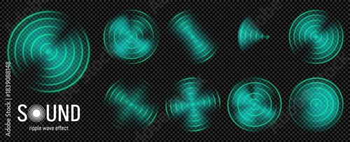 Green sonar wave effect. Wifi light sensor signal with frequency hud ring. Neon radar sound symbol 3d design. Electronic smart car technology with realistic audio pulse wireless control overlay