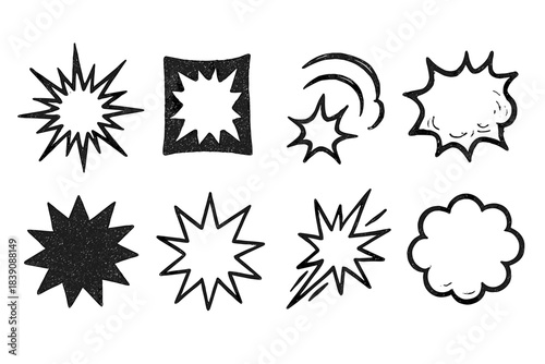 Comic, cartoon burst icon set. Dynamic explosion effects, outline style graphics