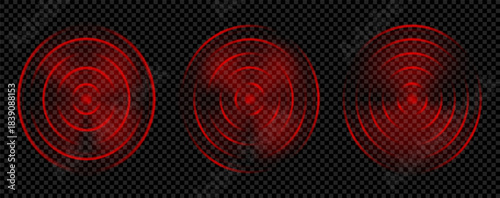 Red wave signal effect for wifi scan and detect. Radar alarm circle for aim car in motion with accuracy pulse. Hud game radial doppler neon sign. Concentric ring range for ripple abstract vector