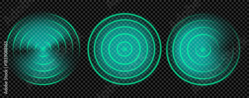 Green radio wave and sound sensor for wif signal. Sonar radar neon effect with thermal alarm. Hud glow for antenna frequency ring scan. Pulse set for smart car with wireless circular spread control