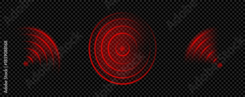 Red wifi signal circle effect. Pain wave target to aim. Neon light pulse waveform sign for hunting and shoot. Concentric radial doppler ripple for game. Thermal glow sonar focus hud technology