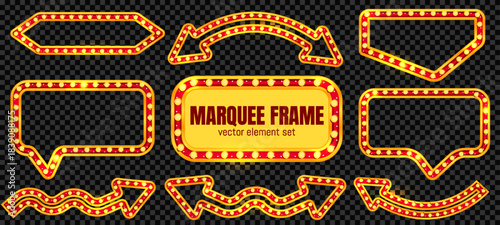 Marquee circus rectangle sign light. Carnival frame, casino board for theater show. 3d red gold bulb border. Retro vintage neon box for broadway stage or cinema poster. Blank billboard background