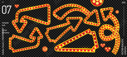 Arrow marquee light sign for retro with circus or casino lightbox. Red gold illuminated pointer in vintage neon style for vegas broadway, carnival or showtime promotion. Curved border vector isolated