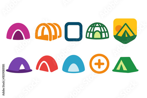Camping equipment solid icon set. Tents, adventure, outdoor activity icons collection