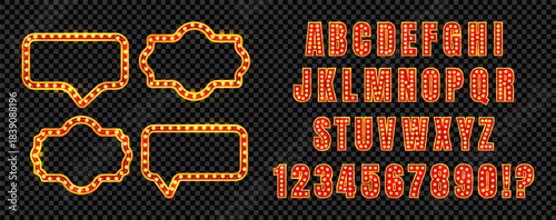 Circus alphabet marquee font with neon bulb light frames for theater or carnival show. 3d red gold letters in retro vintage typography style for hollywood broadway stage. Bright vector design