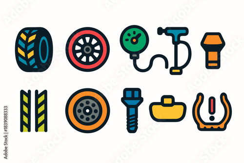 Automotive tire and tools flat icon set. Car repair, maintenance icons collection.