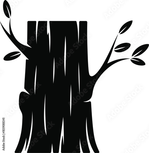 Black silhouette of an old tree stump with new life growth, small fresh leaves and branches emerging from the trunk, nature element vector