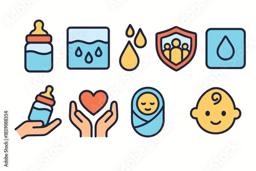 Baby care and family outline icon set: bottles, safety, parenting, love symbols