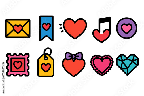 Love and romance icon set. Colorful, flat icons for valentine’s day and relationships