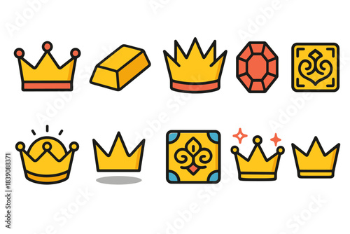 Royalty, wealth flat icon set. Crowns, gold bars, gems icons flat collection