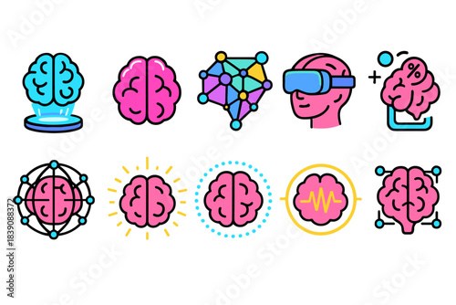 Brain, artificial intelligence outline icon set. Cognitive, neural network icons collection