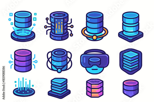 Database, server 3d icon set. Futuristic, technology icons for digital projects