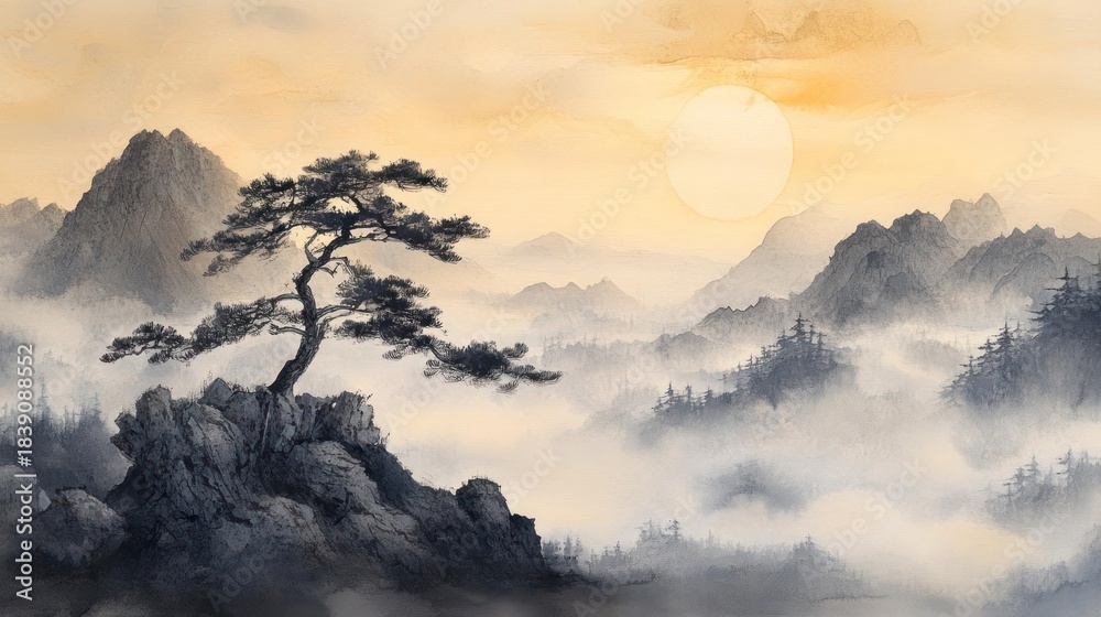 Fototapeta premium Misty Mountain Landscape with Lone Pine Tree at Sunrise in East Asia
