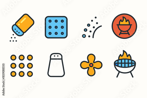 Spice and barbecue flat icon set: cooking and grilling essentials collection