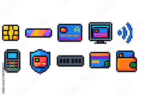 Finance and payments icon set. Pixel art, flat style digital banking icons collection