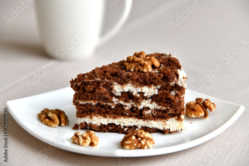 A slice of homemade walnut cake