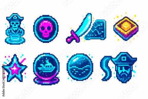 Pirate and adventure pixel icon set. Treasure, skull, sword icons pixel collection