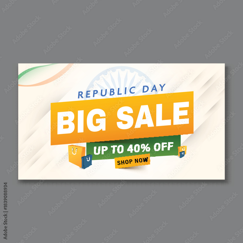 Obraz premium Happy Indian Republic Day Sale Banner Design with 40 Percent Discount Offer and Shopping Bags on Ashoka Wheel Background.