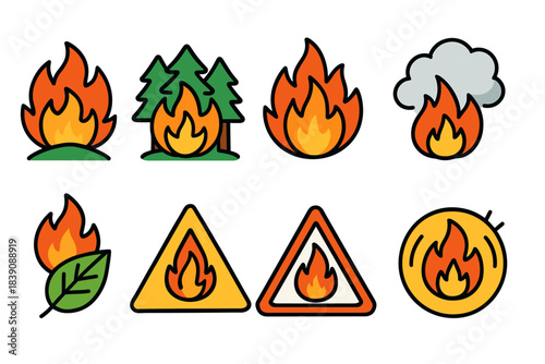 Fire and safety flat icon set. Emergency, warning, hazard symbols collection