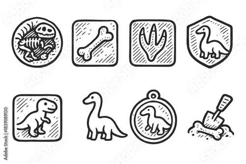 Dinosaur outline icon set. Fossils, bones, prehistoric animals in outline style collection
