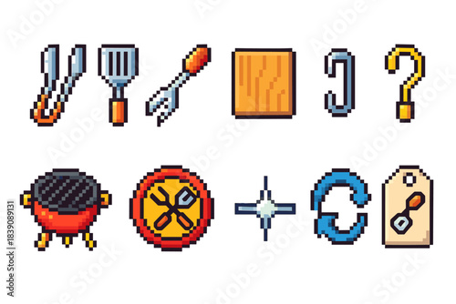 Cooking and bbq pixel icon set. Grill, utensils, food and kitchenware pixel art icons