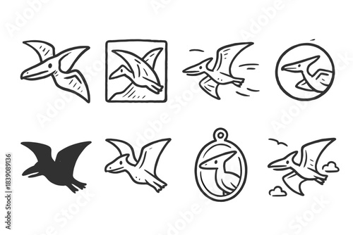 Pterodactyl silhouette icon set. Dinosaur, flying reptile, prehistoric icons collection