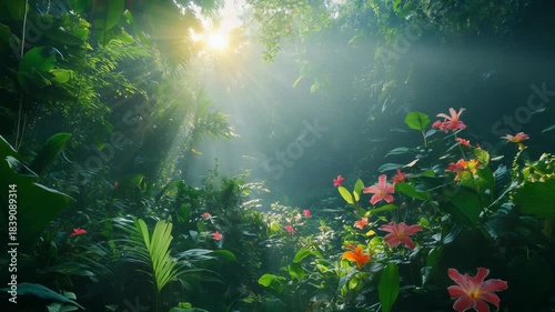 Lush Green Jungle with Exotic Flowers