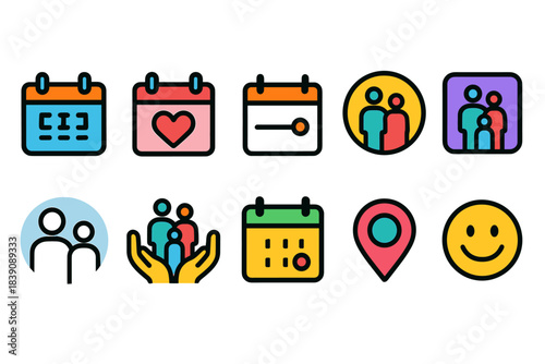 Family, calendar outline icon set: organize and connect with modern illustrations