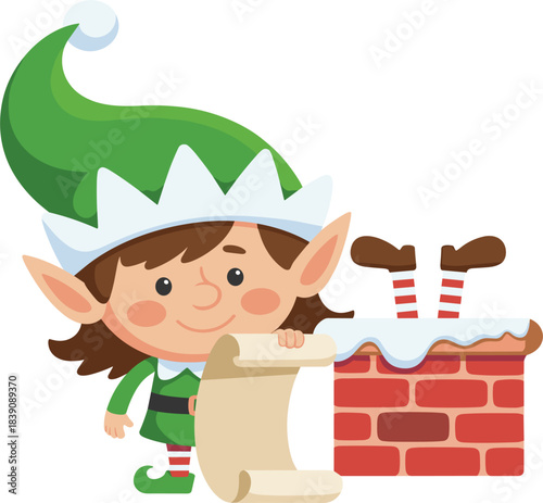 Cute cartoon Christmas elf holding a scroll list while another elf's feet stick out of a snowy chimney, funny holiday vector illustration