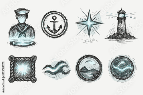Nautical sketch icon set. Maritime, sea, ocean, sailing icons in sketch style collection